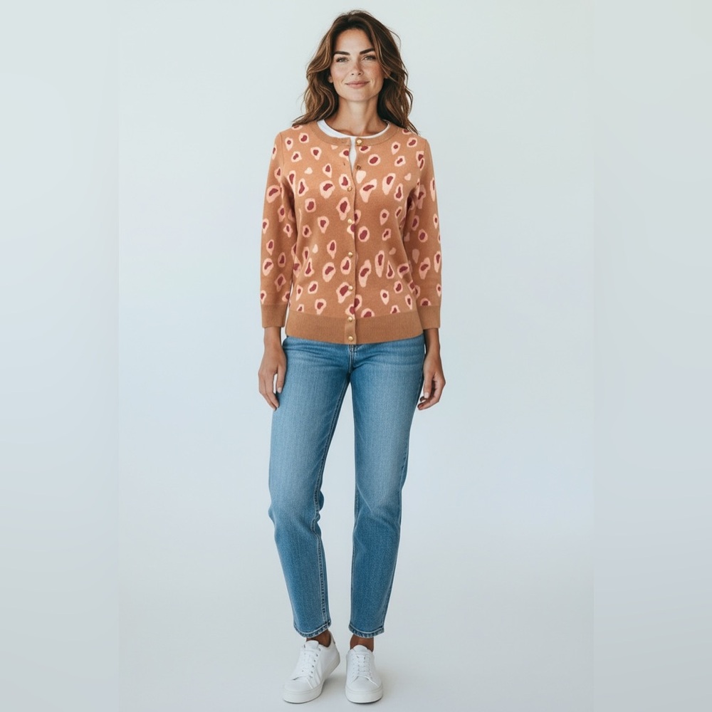 Banana Republic cardigan Tan Red Animal Print Sweater, Size Medium NWOT